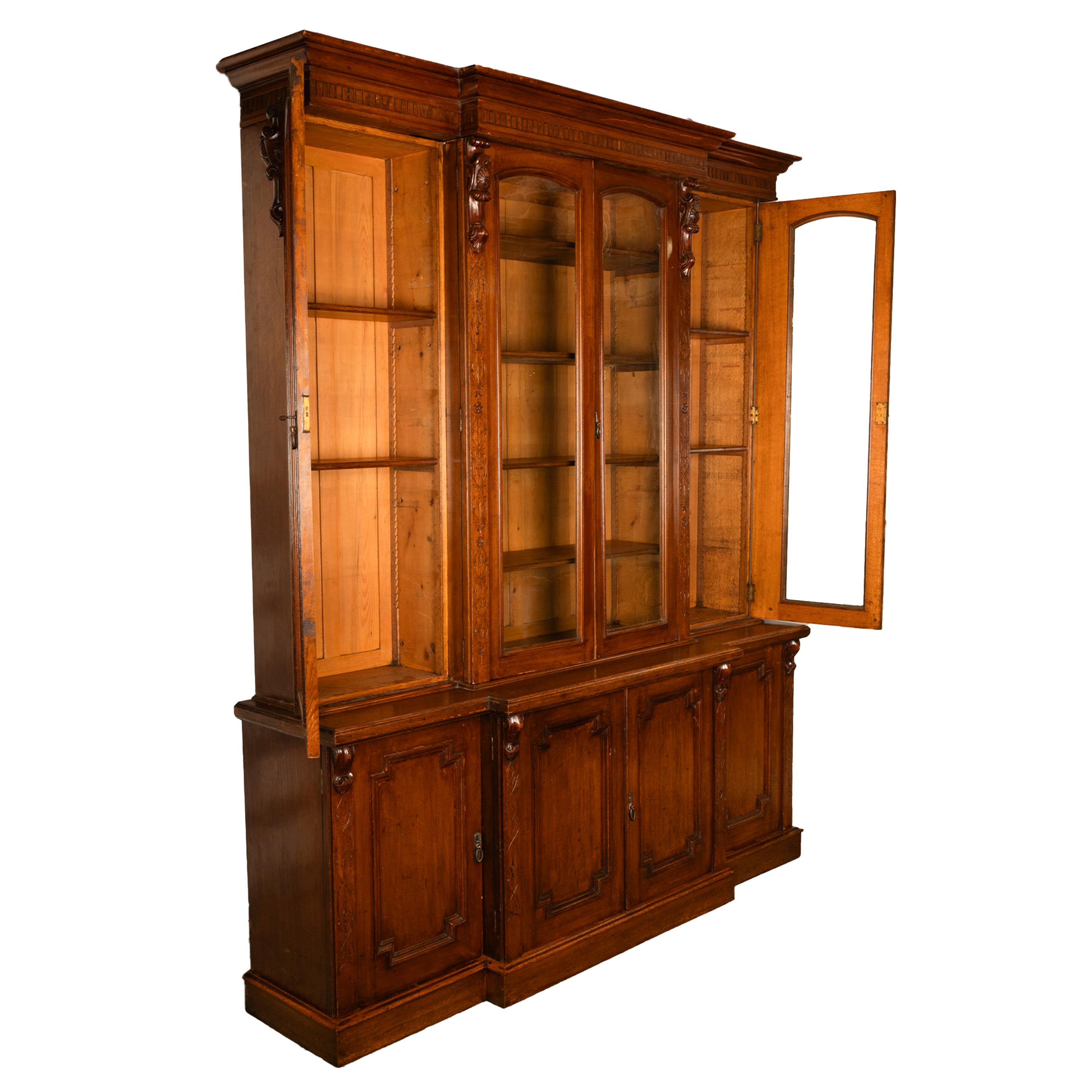 Antique Monumental Irish Carved Oak Breakfront Bookcase Library Bibliotheque In Good Condition In Portland, OR