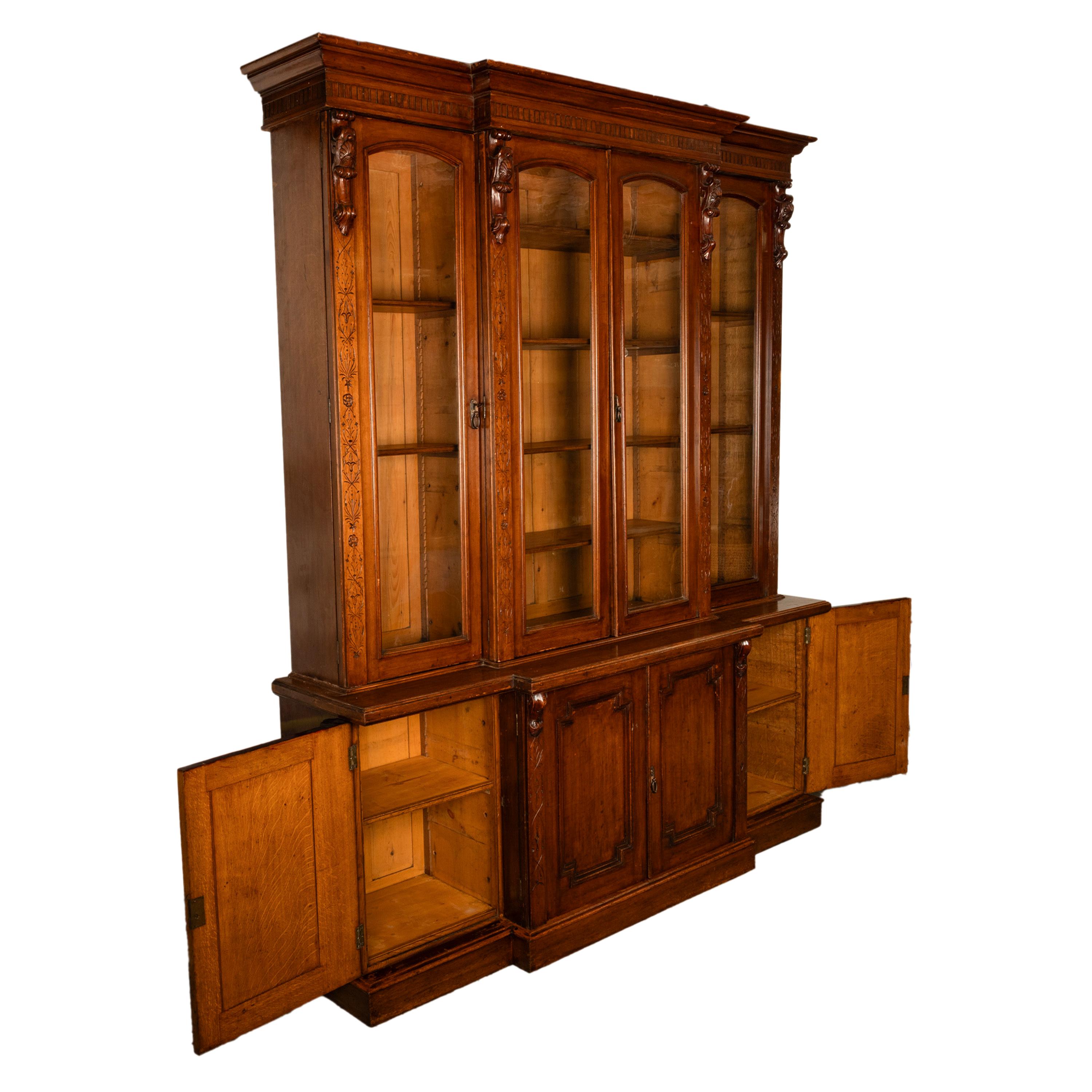 Mid-19th Century Antique Monumental Irish Carved Oak Breakfront Bookcase Library Bibliotheque