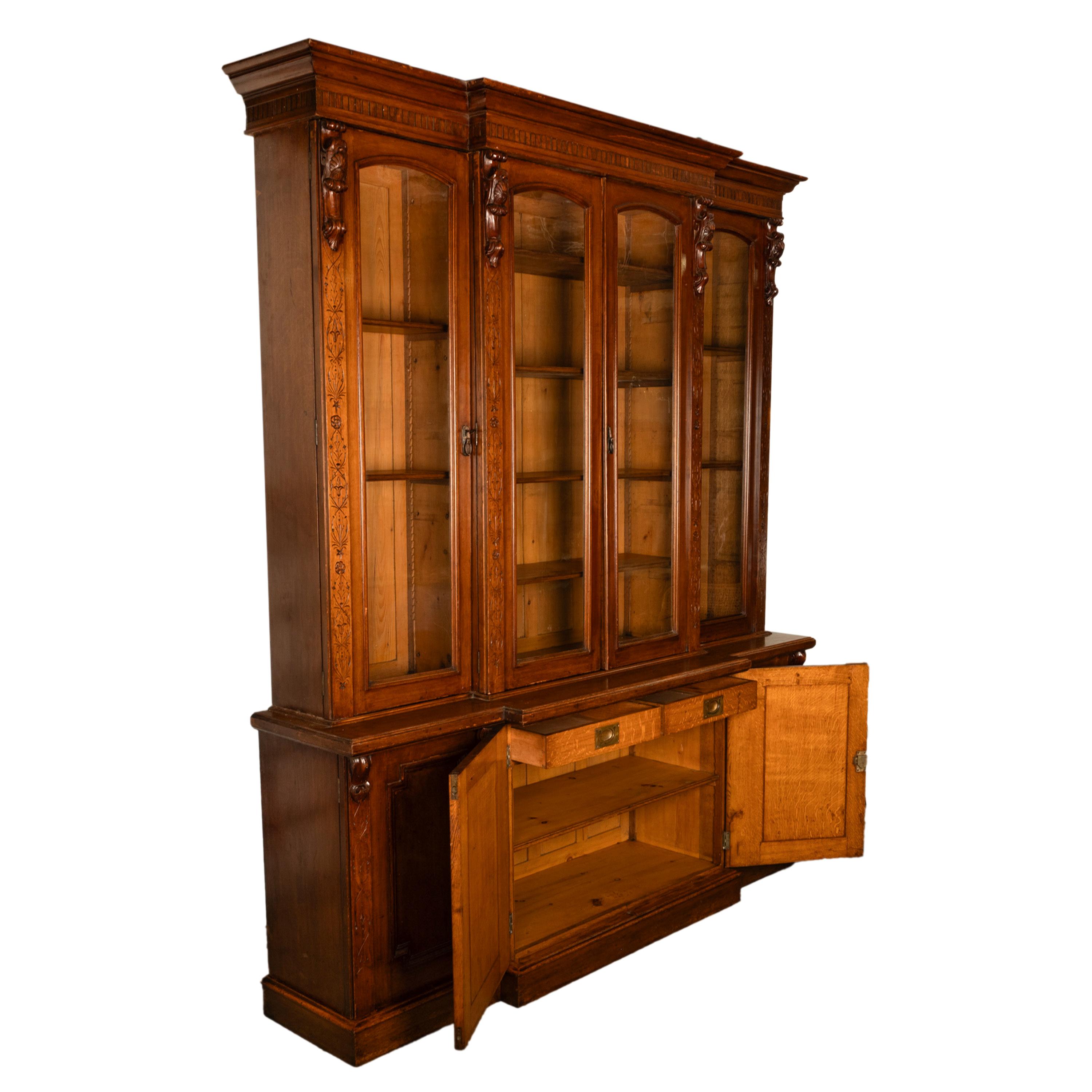 Antique Monumental Irish Carved Oak Breakfront Bookcase Library Bibliotheque 2