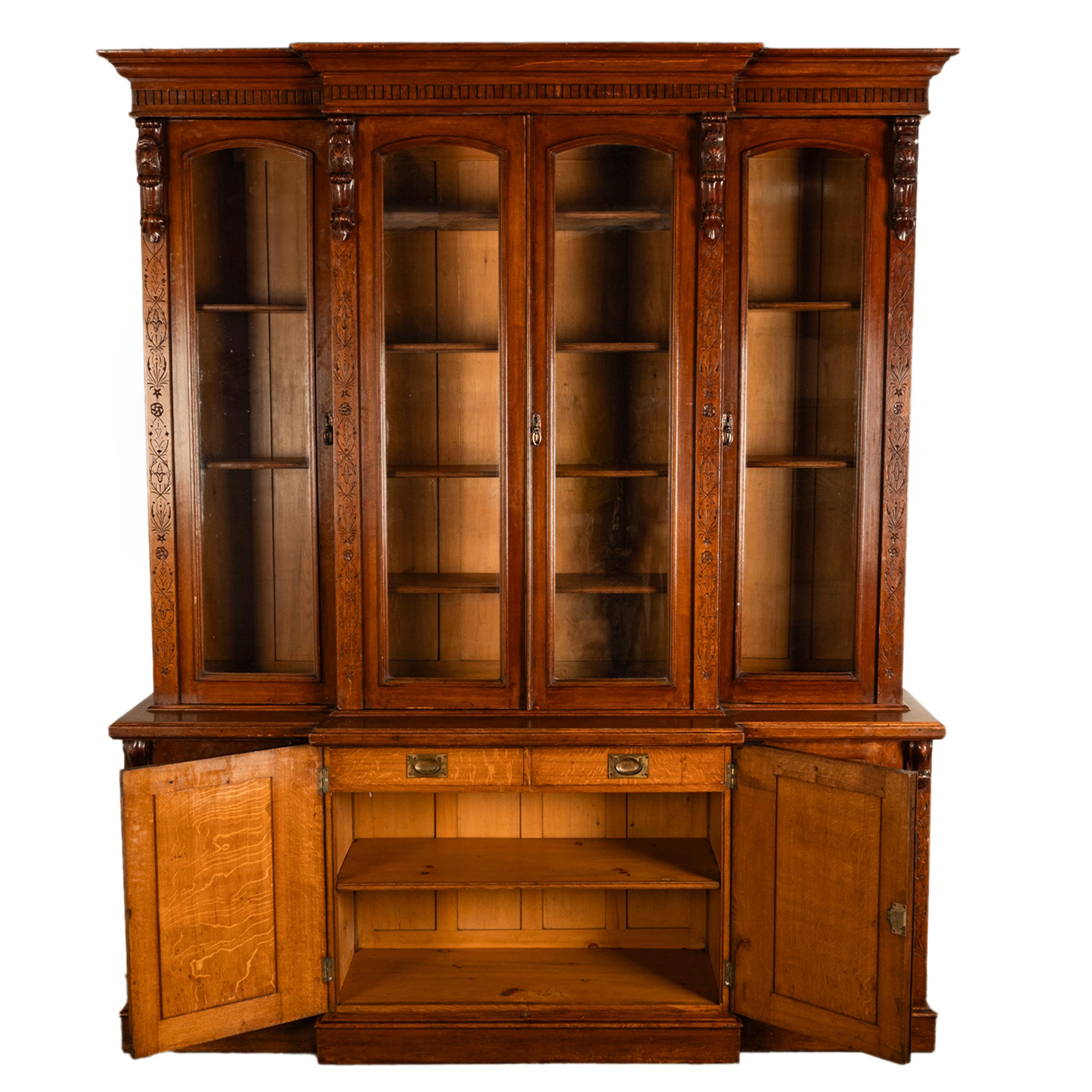 Antique Monumental Irish Carved Oak Breakfront Bookcase Library Bibliotheque 3