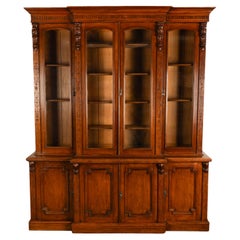 Antique Monumental Irish Carved Oak Breakfront Bookcase Library Bibliotheque