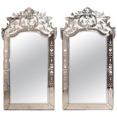 Antique Monumental Italian Venetian Style Floral Etched Wall Mirrors, 20th C Vintage Monumental Italian Venetian Style Floral Etched Wall Mirrors, 20th C