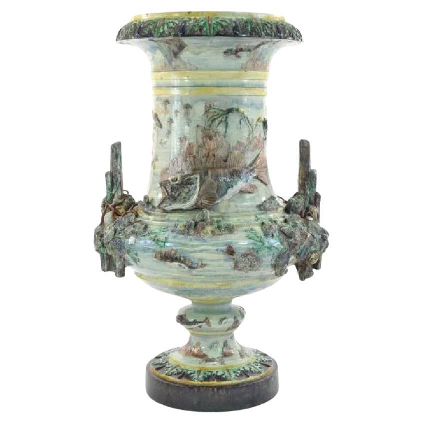 Antique Monumental Majolica Palissy Style Urn 19th C.