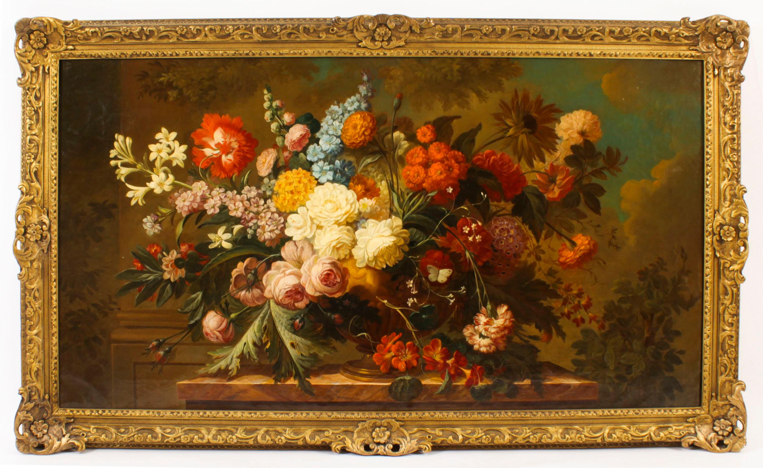 Antique Monumental Oil Painting Bouquet of Flowers 19th C 157cm- 5ft wide For Sale 8