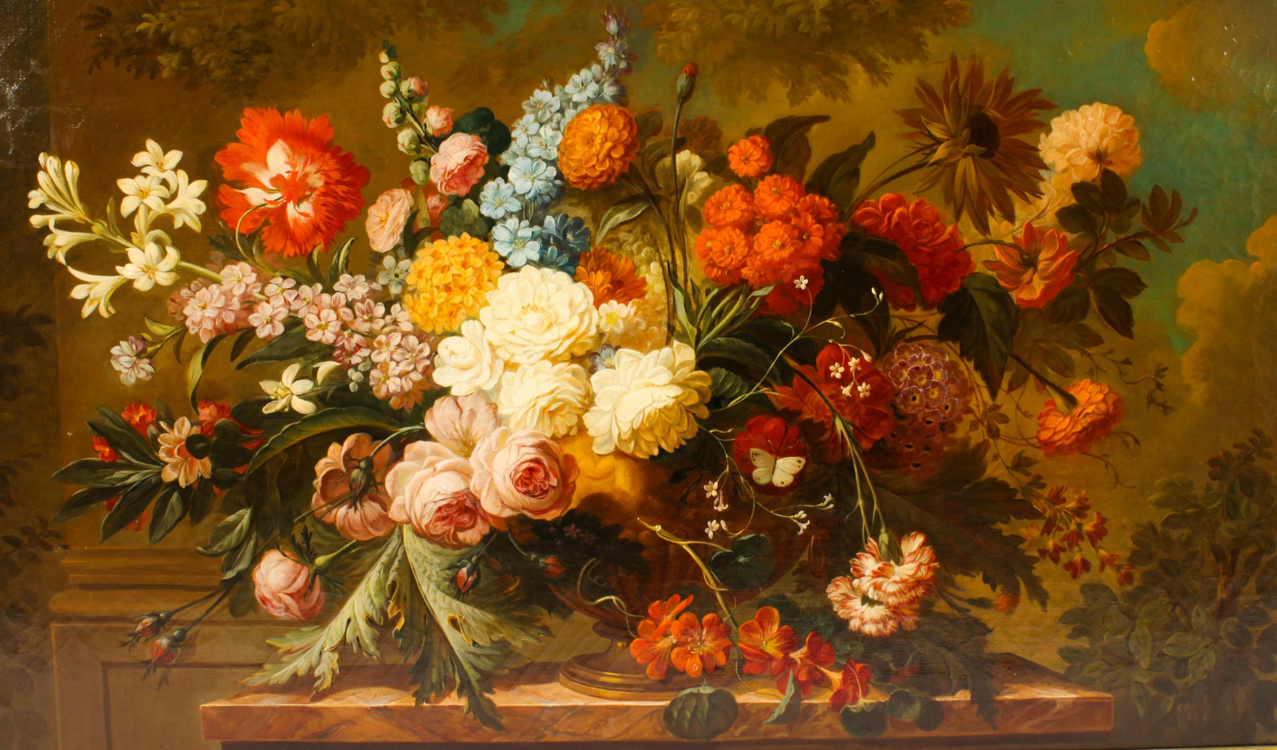 French Antique Monumental Oil Painting Bouquet of Flowers 19th C 157cm- 5ft wide For Sale