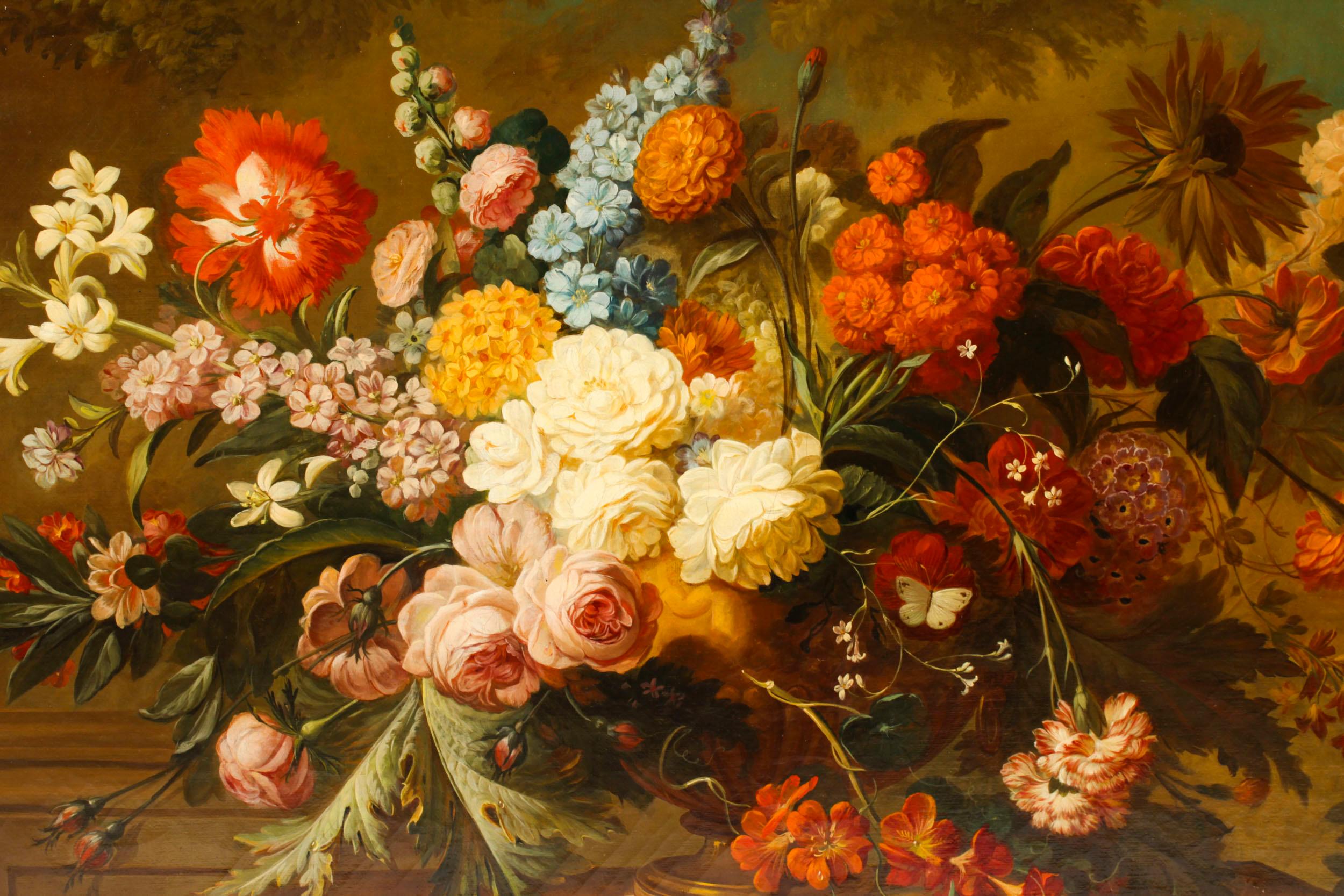 Antique Monumental Oil Painting Bouquet of Flowers 19th C 157cm- 5ft wide In Good Condition For Sale In London, GB