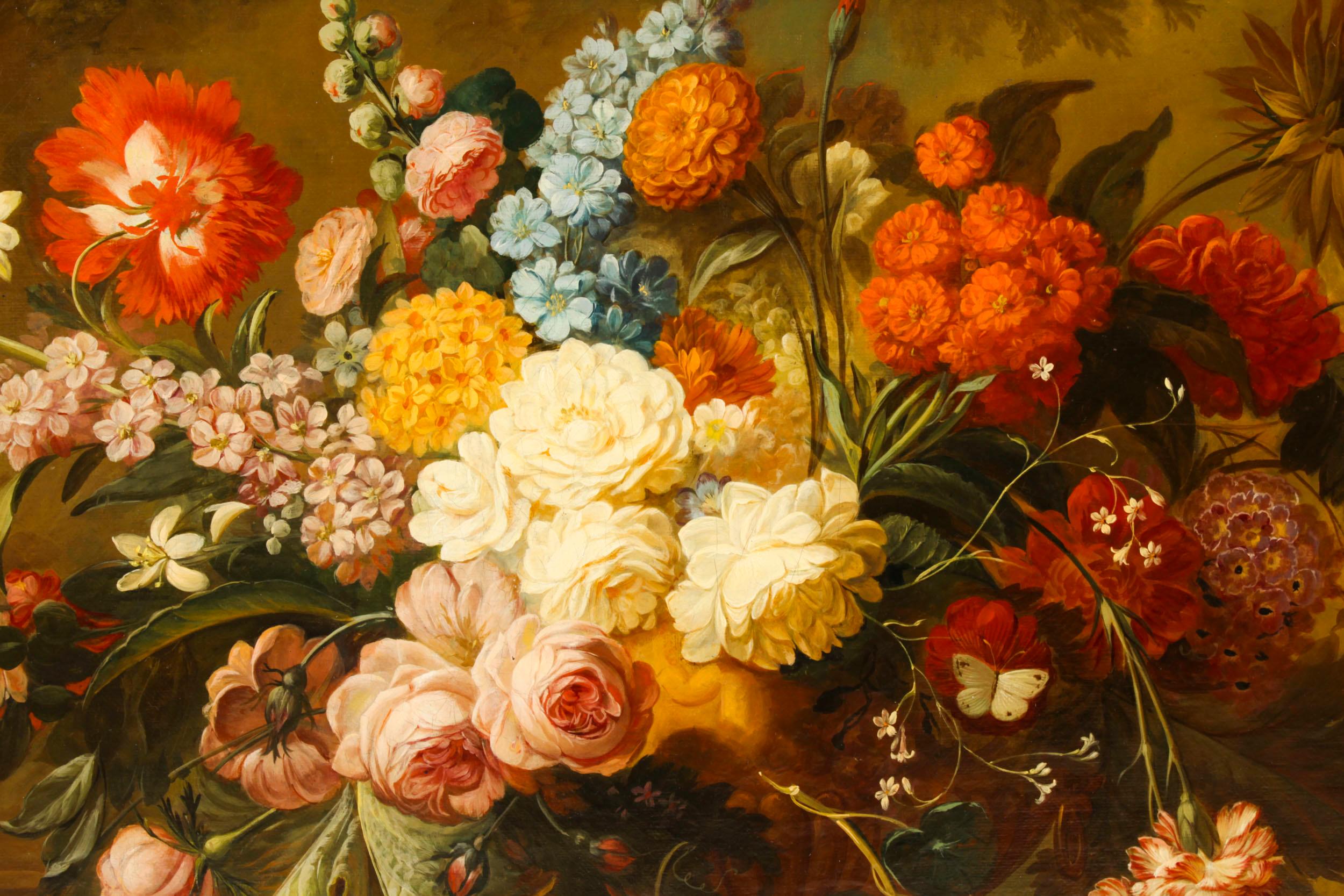 Canvas Antique Monumental Oil Painting Bouquet of Flowers 19th C 157cm- 5ft wide For Sale