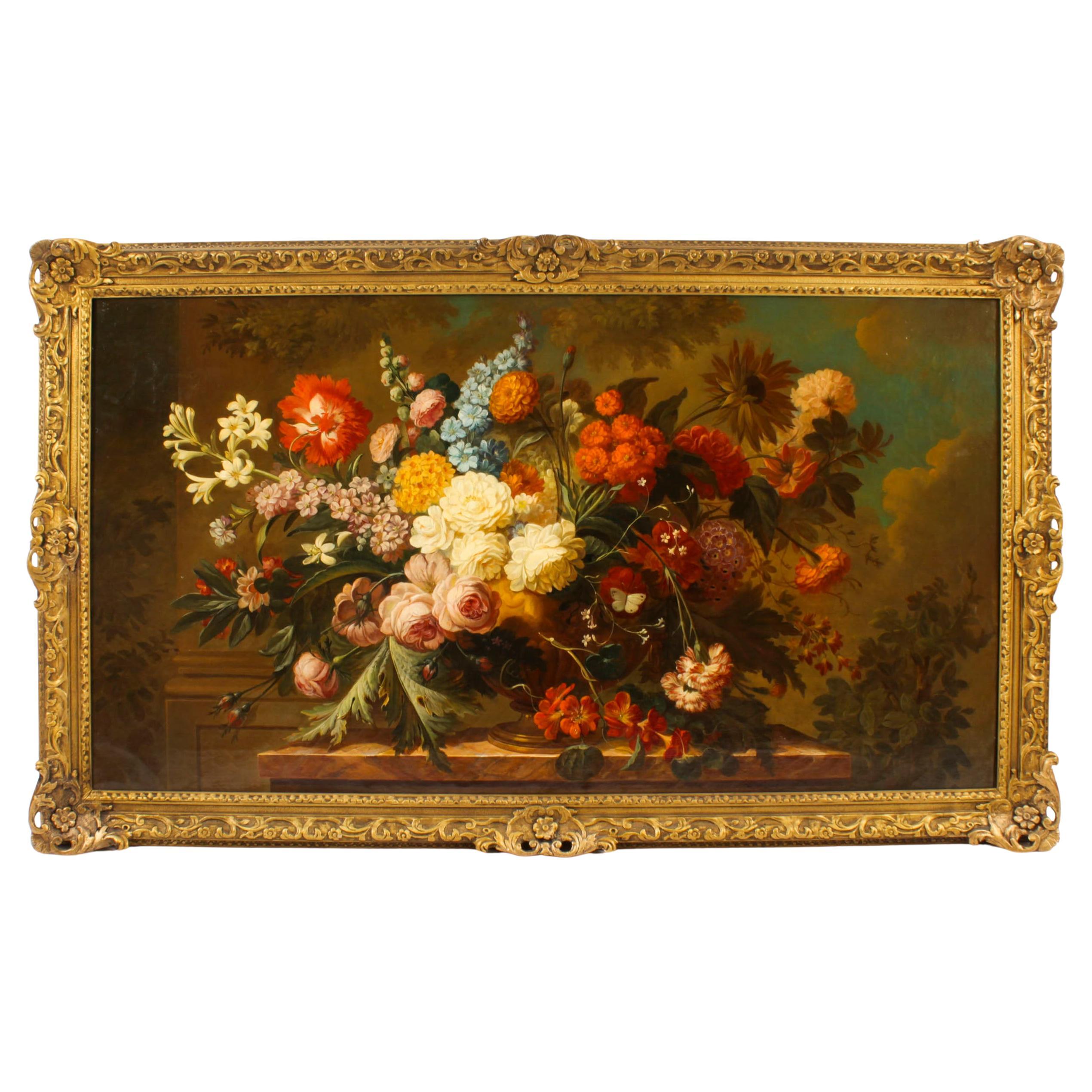 Antique Monumental Oil Painting Bouquet of Flowers 19th C 157cm- 5ft wide For Sale