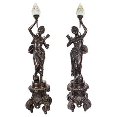 Antique Monumental Pair 202cm 6ft6" Bronze Figural Torcheres Lamps Circa 1920