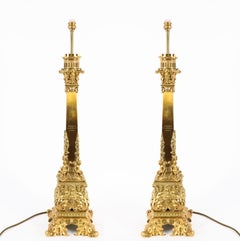 Antique Monumental Pair French Ormolu Corby Castle Table Lamps C1850