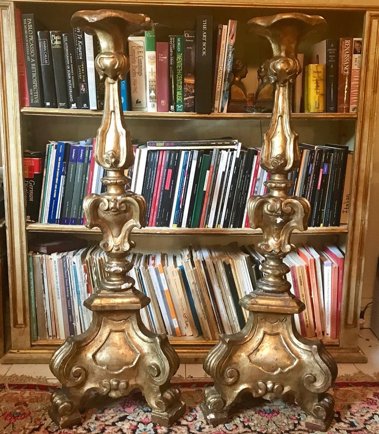 Antique Monumental Pair of Italian Carved Giltwood Torcheres in Louis XVI Style In Good Condition For Sale In Vero Beach, FL