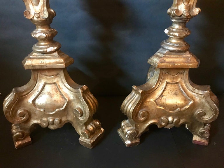19th Century Antique Monumental Pair of Italian Carved Giltwood Torcheres in Louis XVI Style For Sale