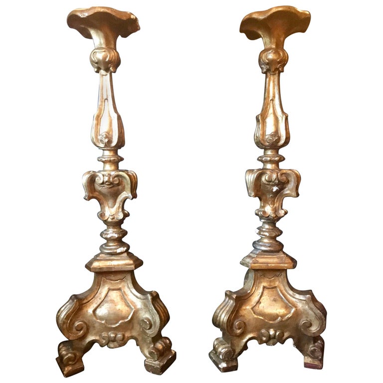 Antique Monumental Pair of Italian Carved Giltwood Torcheres in Louis XVI Style For Sale
