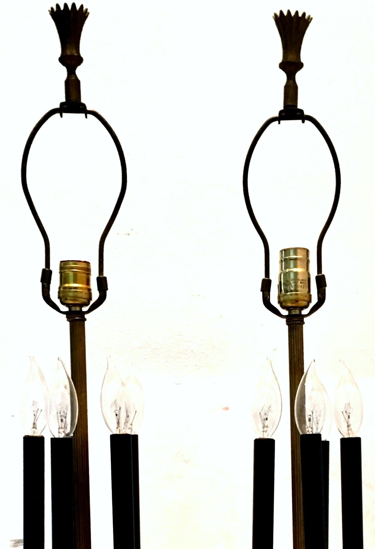 Antique Monumental Pair Of Neoclassical Six-Light Candelabra Lamps & Shades For Sale 6