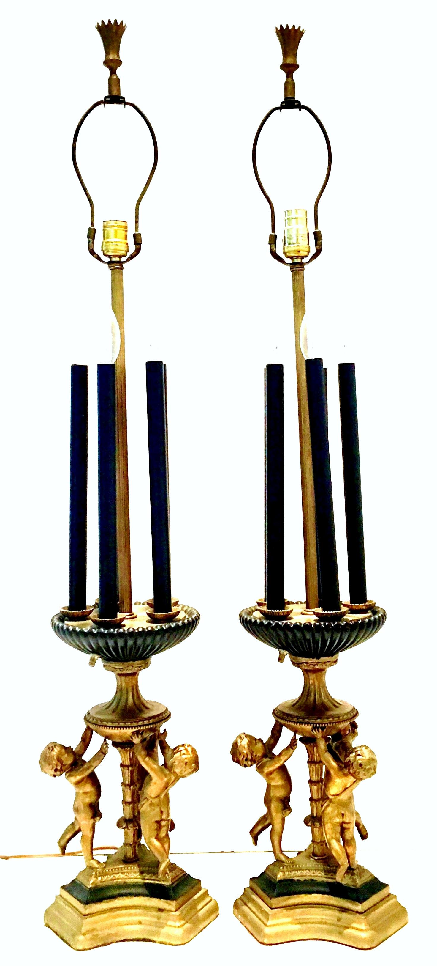 Antique pair of monumental neoclassical gilt bronze and wood six-light candelabra lamps & original shades. This monumental 45.5