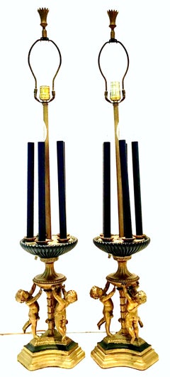 Antique Monumental Pair Of Neoclassical Six-Light Candelabra Lamps & Shades