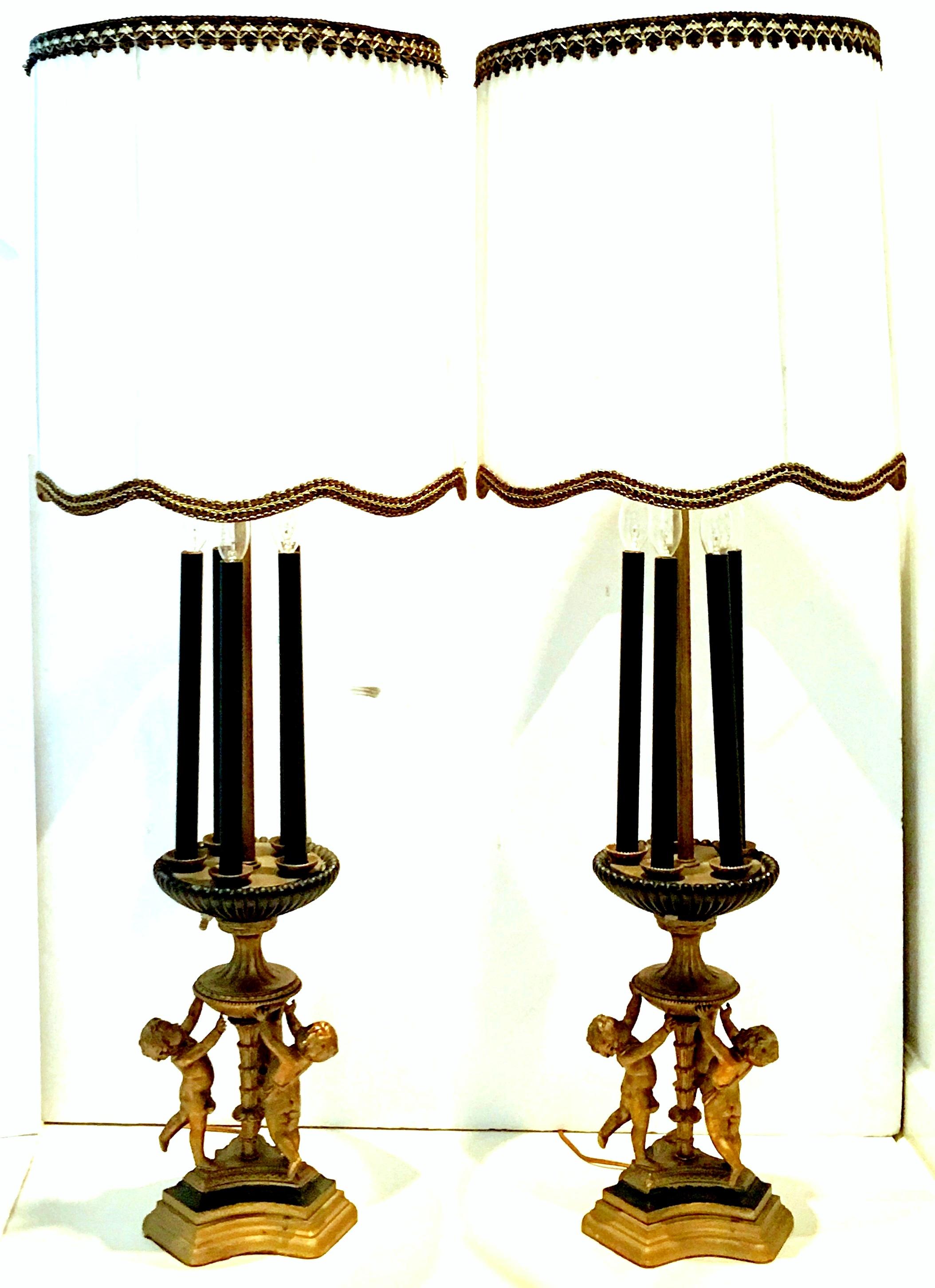 Antique Pair of Monumental Neoclassical Gilt Bronze And Wood Six-Light Candelabra Lamps & Original Shades. This monumental 45.5