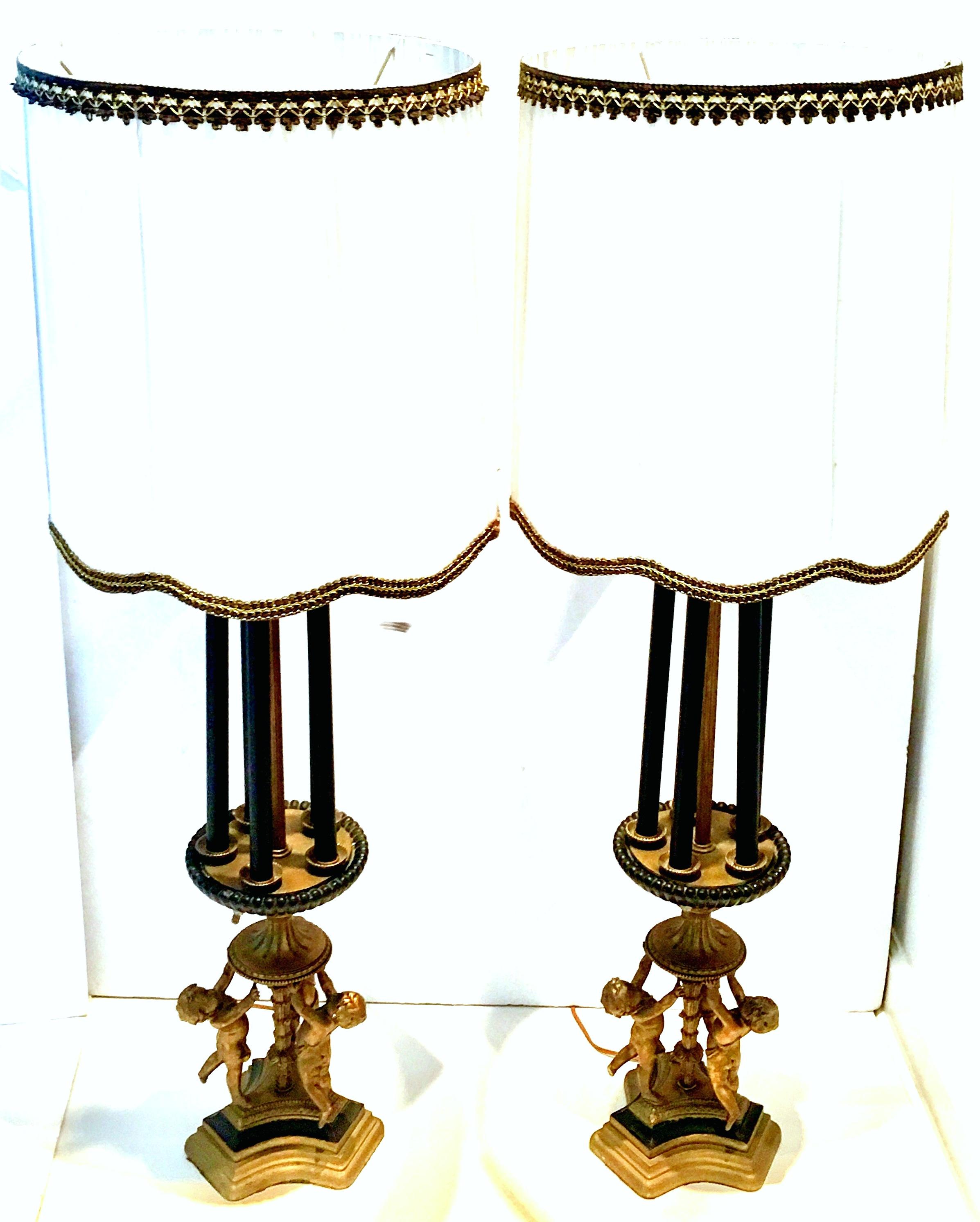 European Antique Monumental Pair Of Neoclassical Six-Light Candelabra Lamps & Shades For Sale