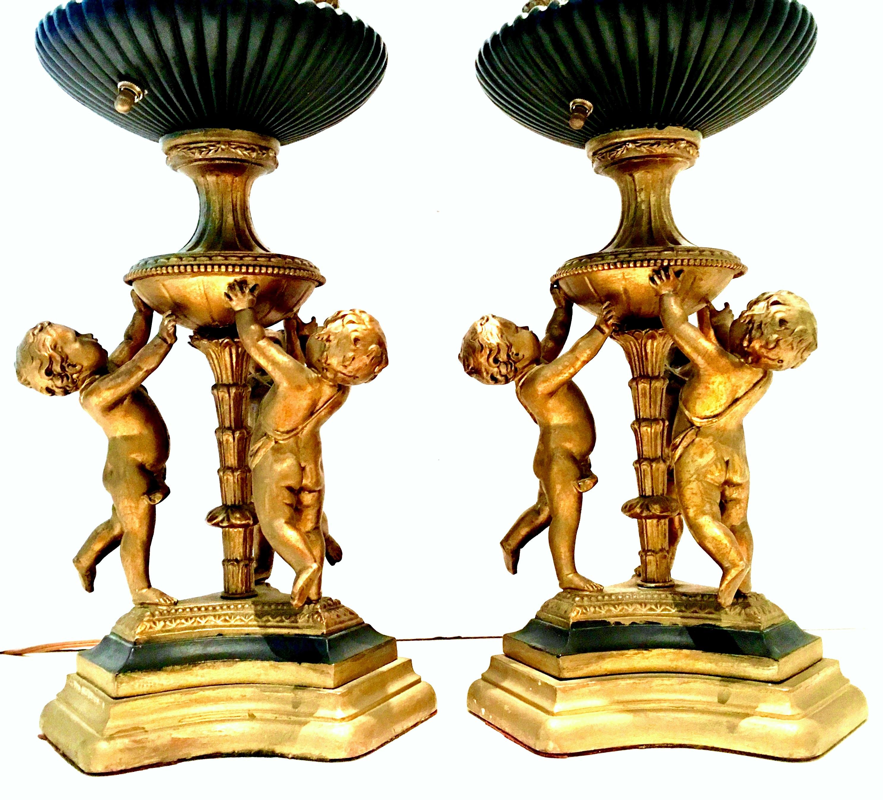 Gilt Antique Monumental Pair Of Neoclassical Six-Light Candelabra Lamps & Shades For Sale