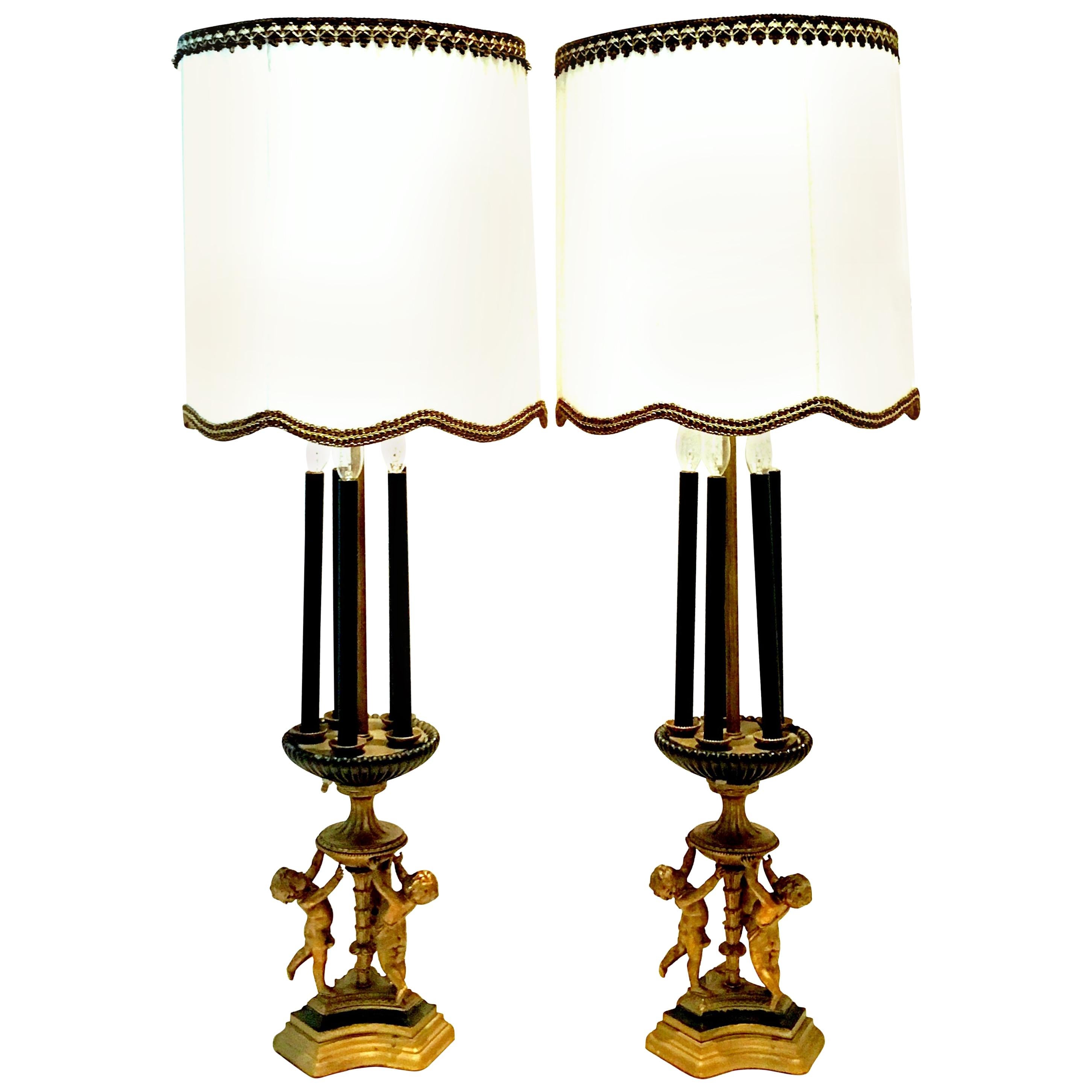 Antique Monumental Pair Of Neoclassical Six-Light Candelabra Lamps & Shades For Sale