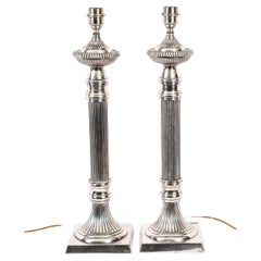 Antiguo Par Monumental Lámparas de Mesa Art Decó Plateadas Siglo XX
