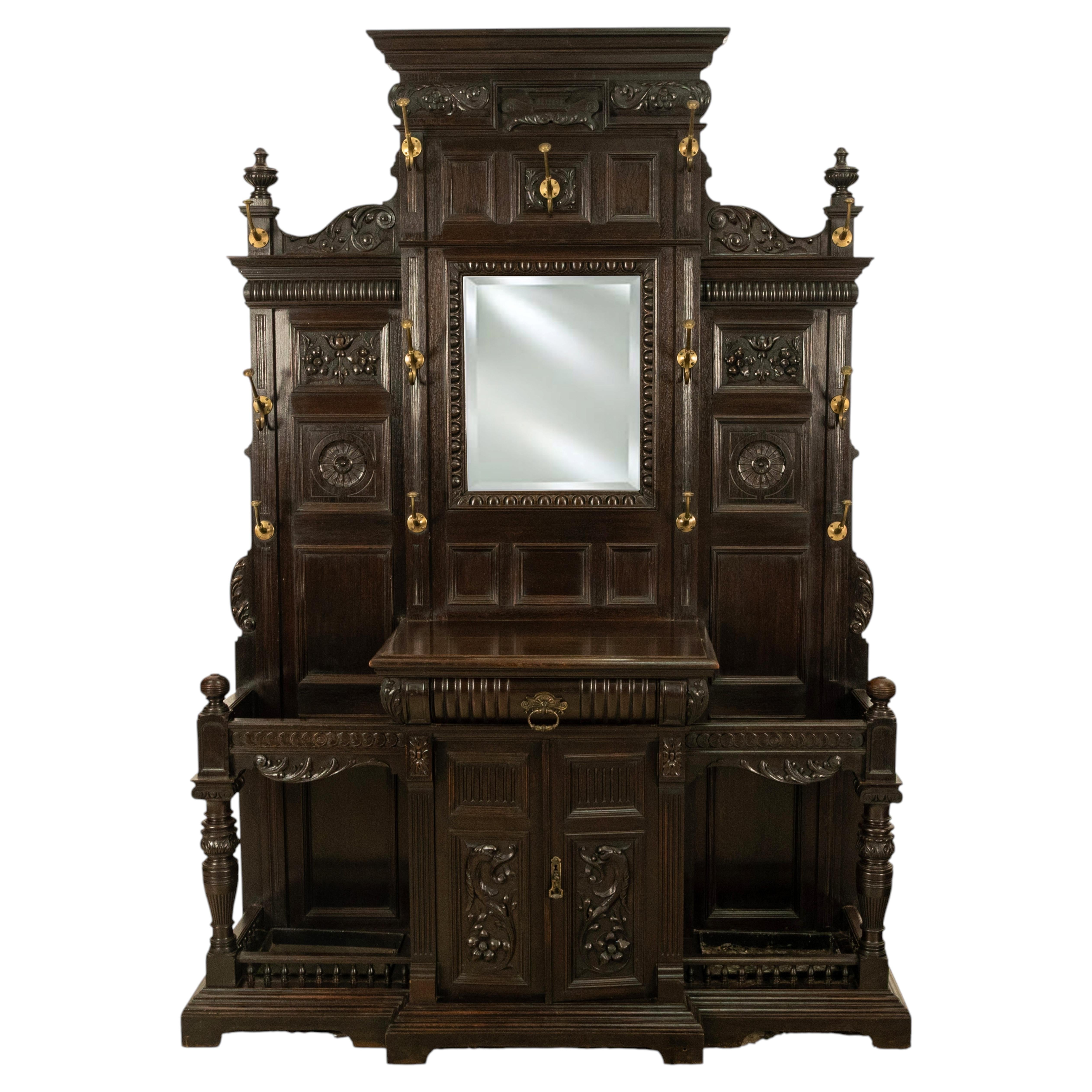 Antique Monumental Renaissance Revival Carved Oak Hall Tree Stand Mirror 1890