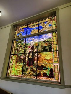 Antique Monumental Tiffany Style 2 Section Good Sheppard Salvaged Stained Glass