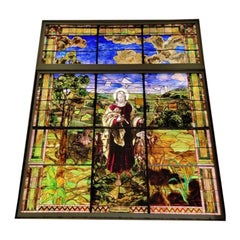 Antique Monumental Tiffany Style 2 Section Good Sheppard Salvaged Stained Glass