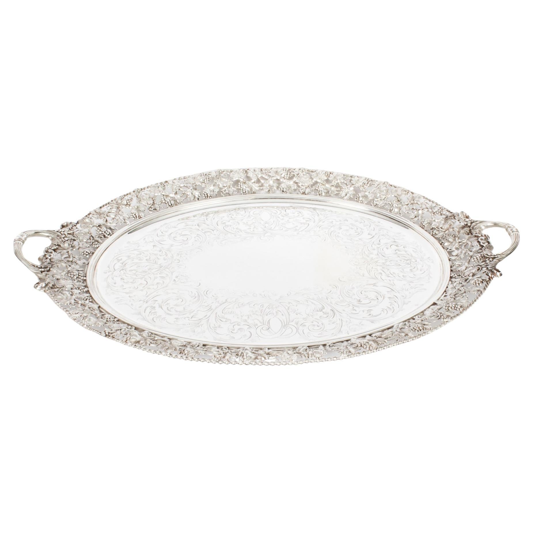 Antique Monumental Victorian Oval Silver Plated Tray 19th Century For Sale