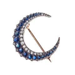 Antique Moon Crescent Diamond Sapphire Gold Brooch France