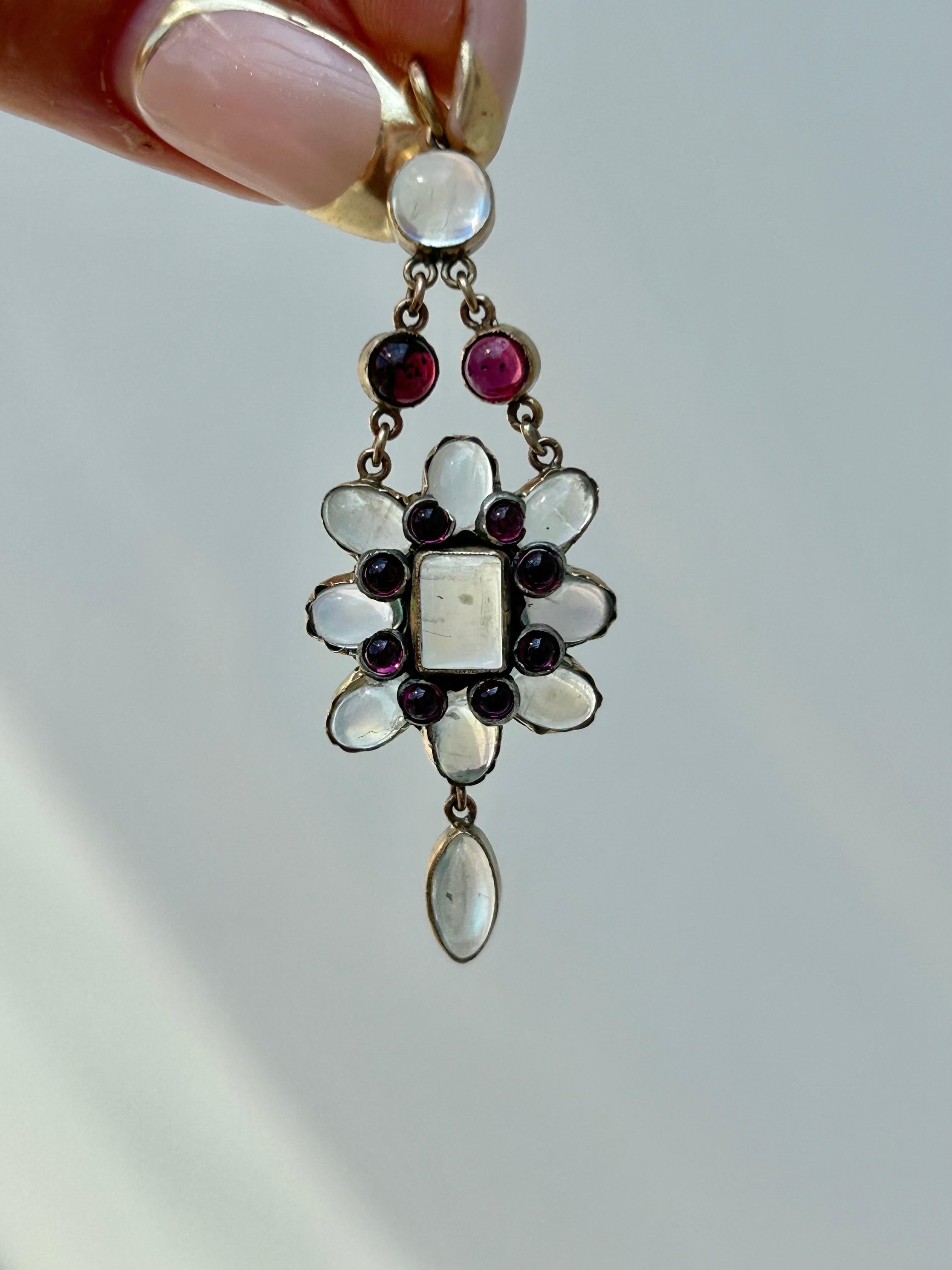 Mixed Cut Antique Moonstone and Cabochon Ruby Gold Pendant For Sale