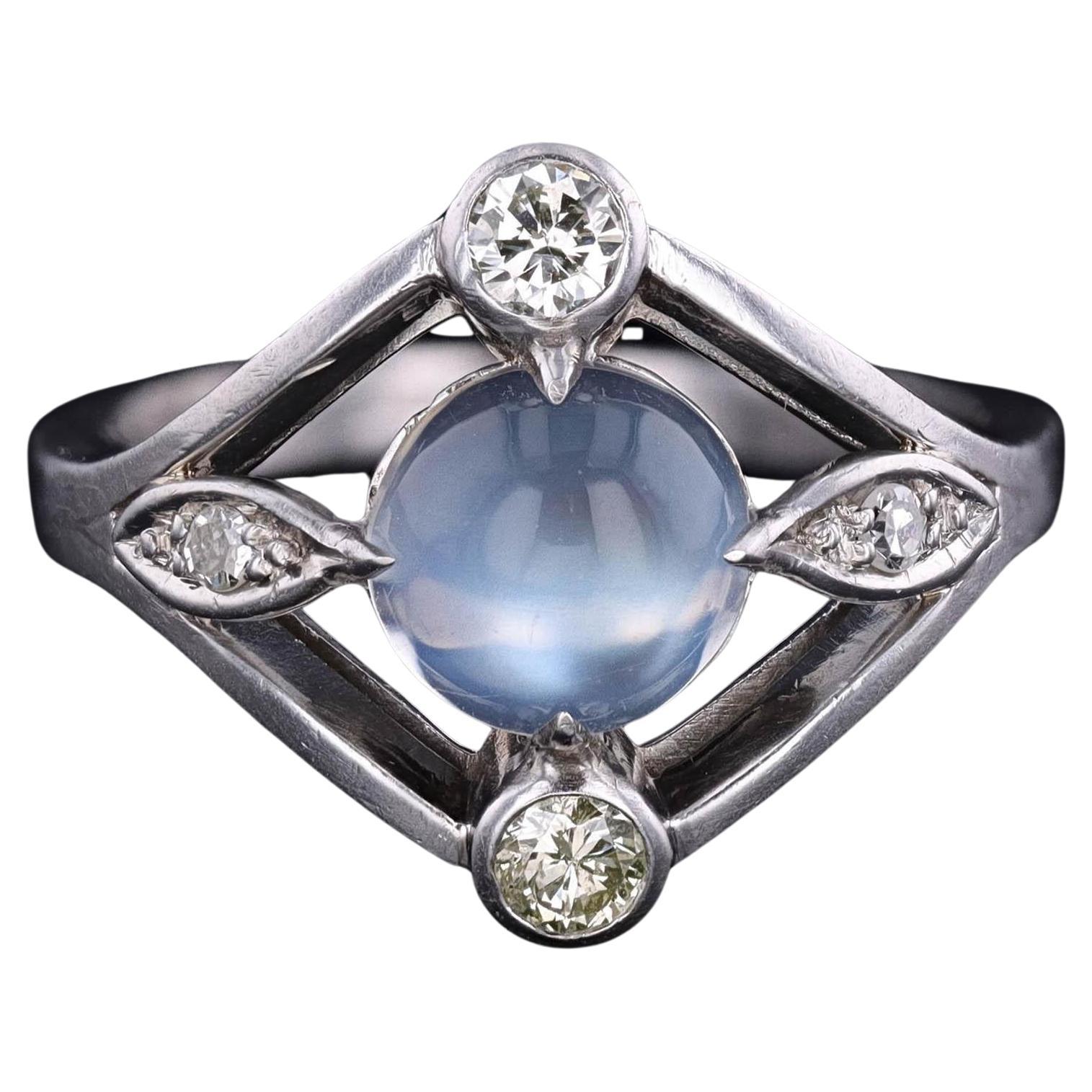 Antique Moonstone and Diamond Ring of Platinum