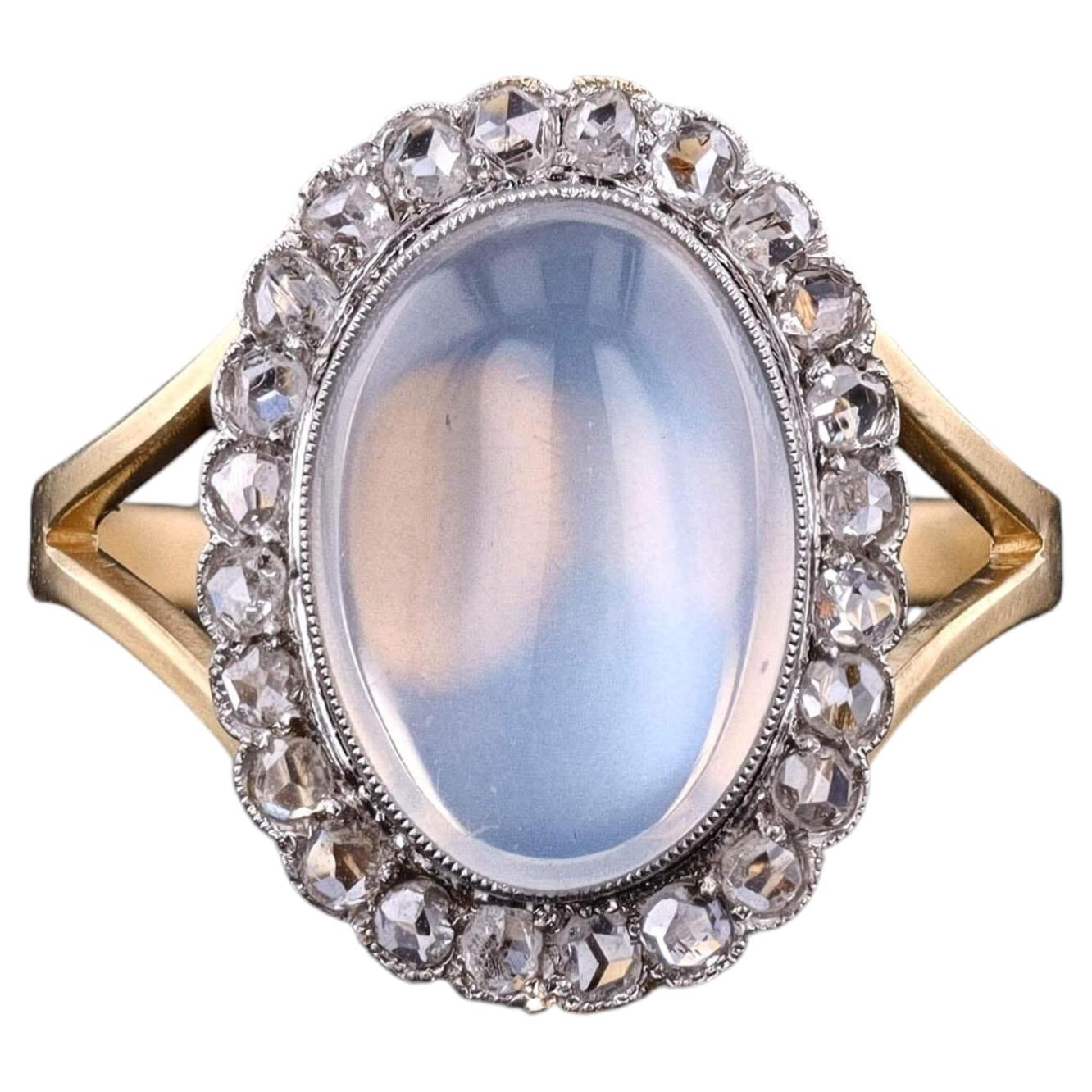 Antique Moonstone and Diamond Ring of Platinum Topped 18k Gold