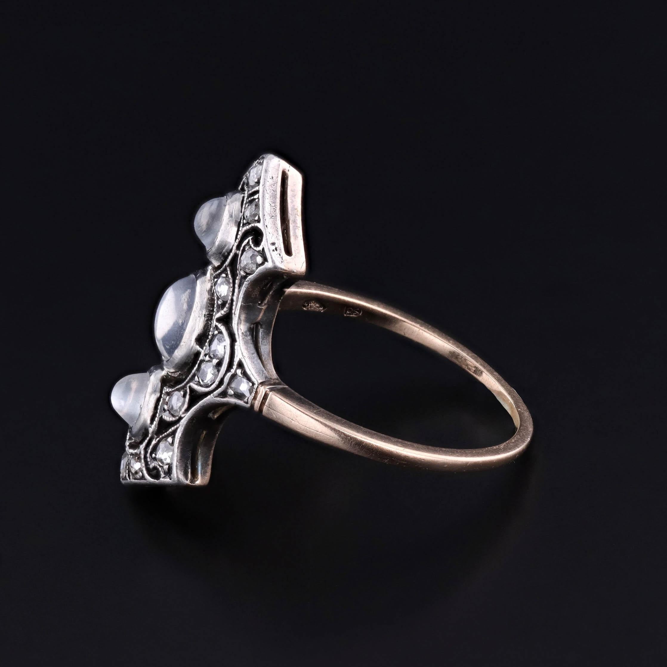 Victorian Antique Moonstone and Diamond Ring of Silver Topped 14k Gold