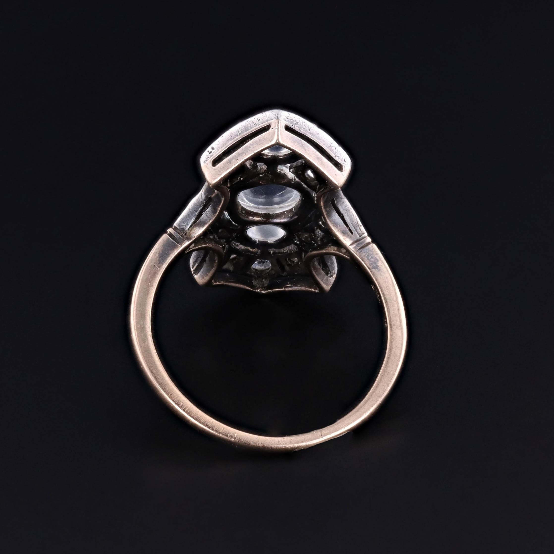 Cabochon Antique Moonstone and Diamond Ring of Silver Topped 14k Gold