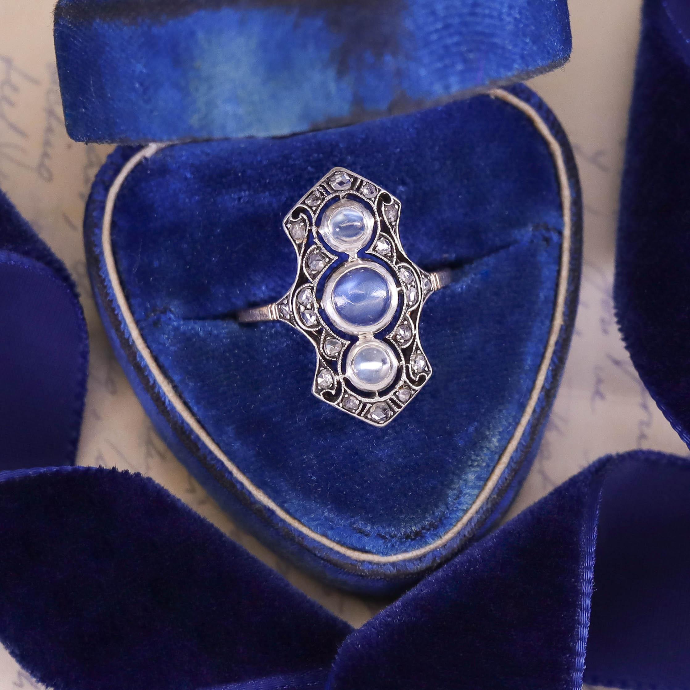 Antique Moonstone and Diamond Ring of Silver Topped 14k Gold 1