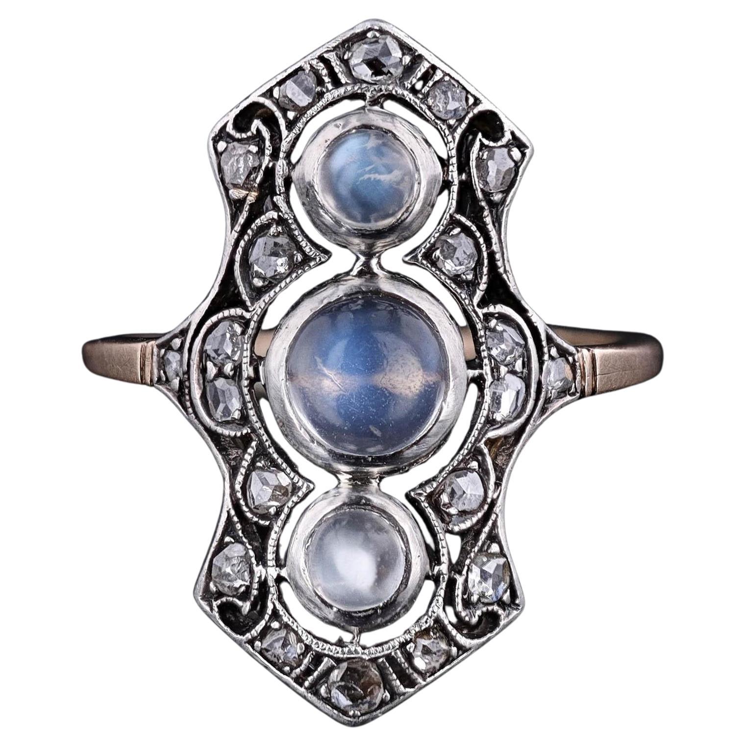 Antique Moonstone and Diamond Ring of Silver Topped 14k Gold