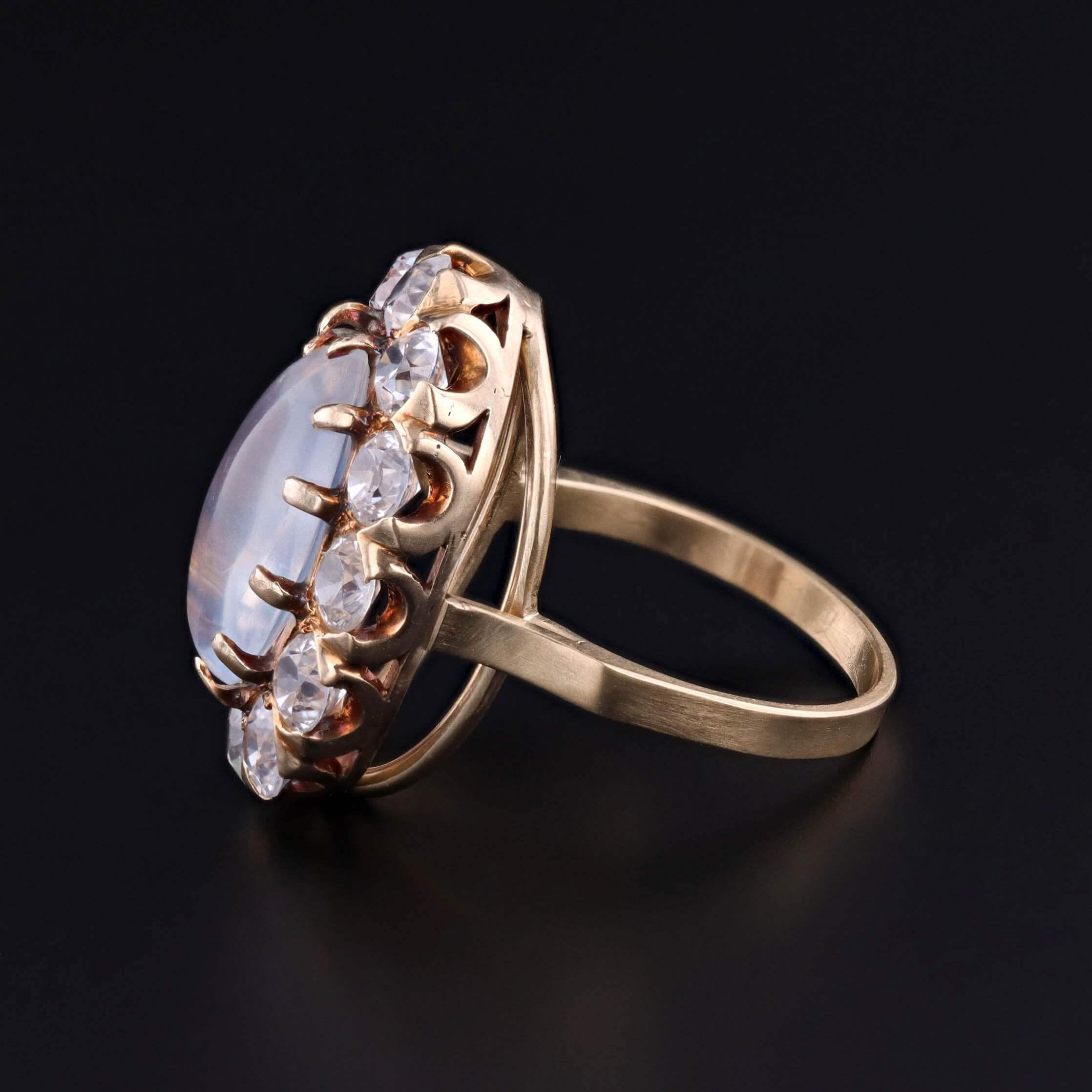 Taille cabochon Bague ancienne en or 14k pierre de lune et zircon naturel en vente
