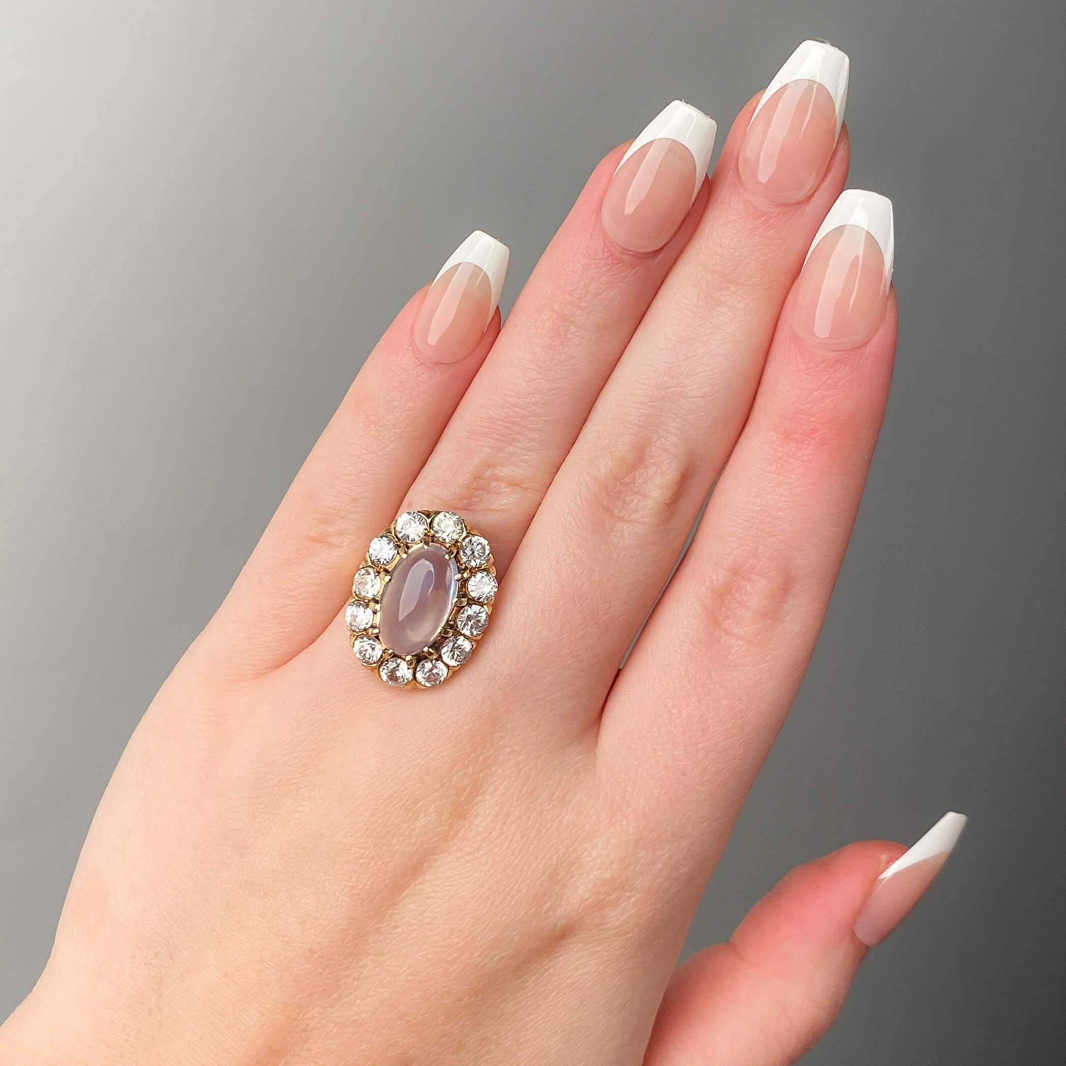 Bague ancienne en or 14k pierre de lune et zircon naturel en vente 1