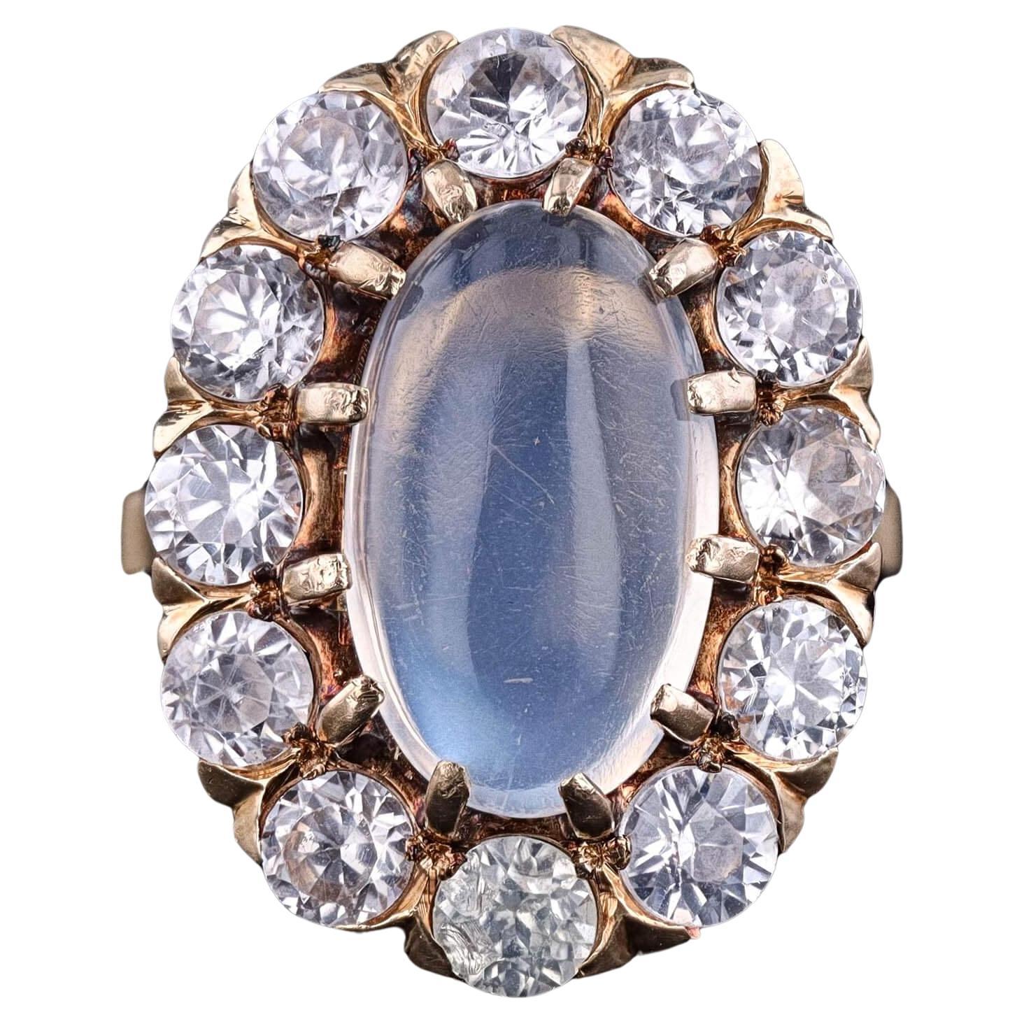 Anello antico con pietra di luna e zircone naturale in oro 14k