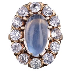 Anello antico con pietra di luna e zircone naturale in oro 14k