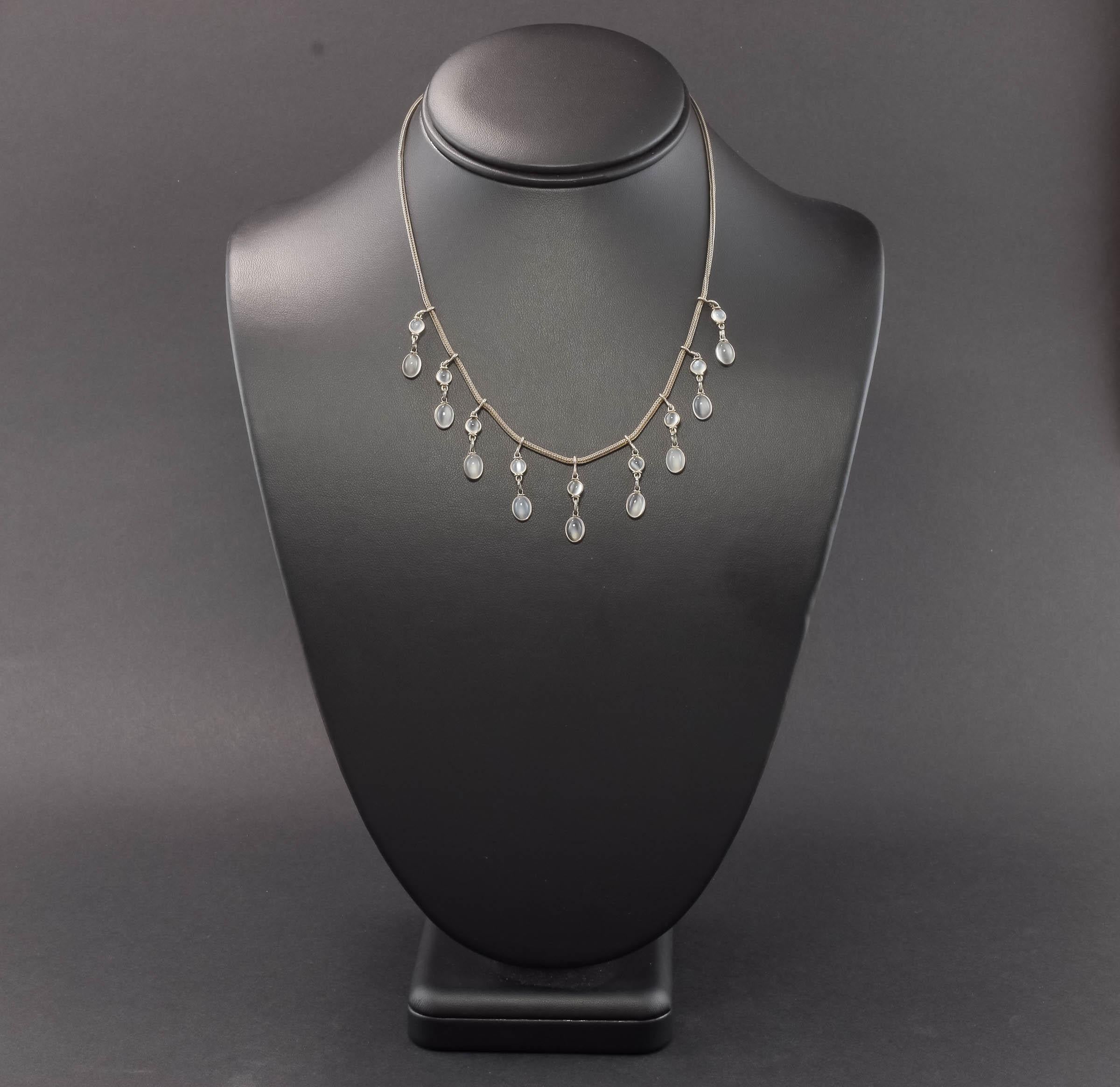 Arts and Crafts Antique Moonstone Cabochon Drop Fringe Festoon Silver Necklace For Sale