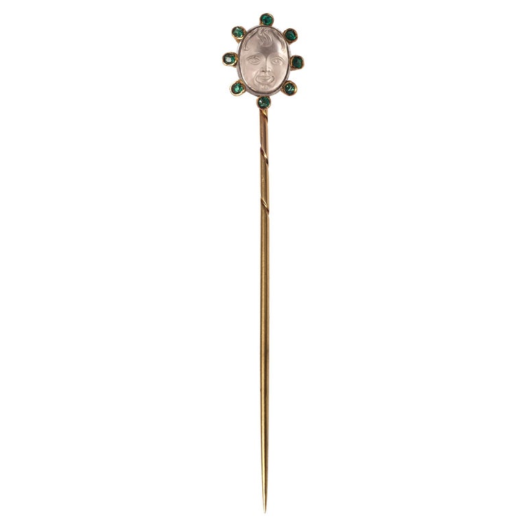Antique?14KT?Gold Cameo Stick Hat Pin Green White Stone Antique Moonstone Cameo Child Head Emerald Gold Tie Stick  main image 2