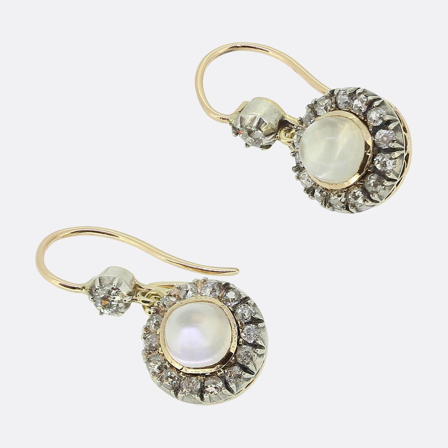 Cabochon Antique Moonstone Diamond Drop Earrings For Sale