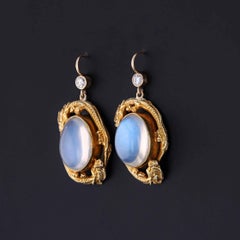 Antique Moonstone Dragon Earrings of 14k Gold