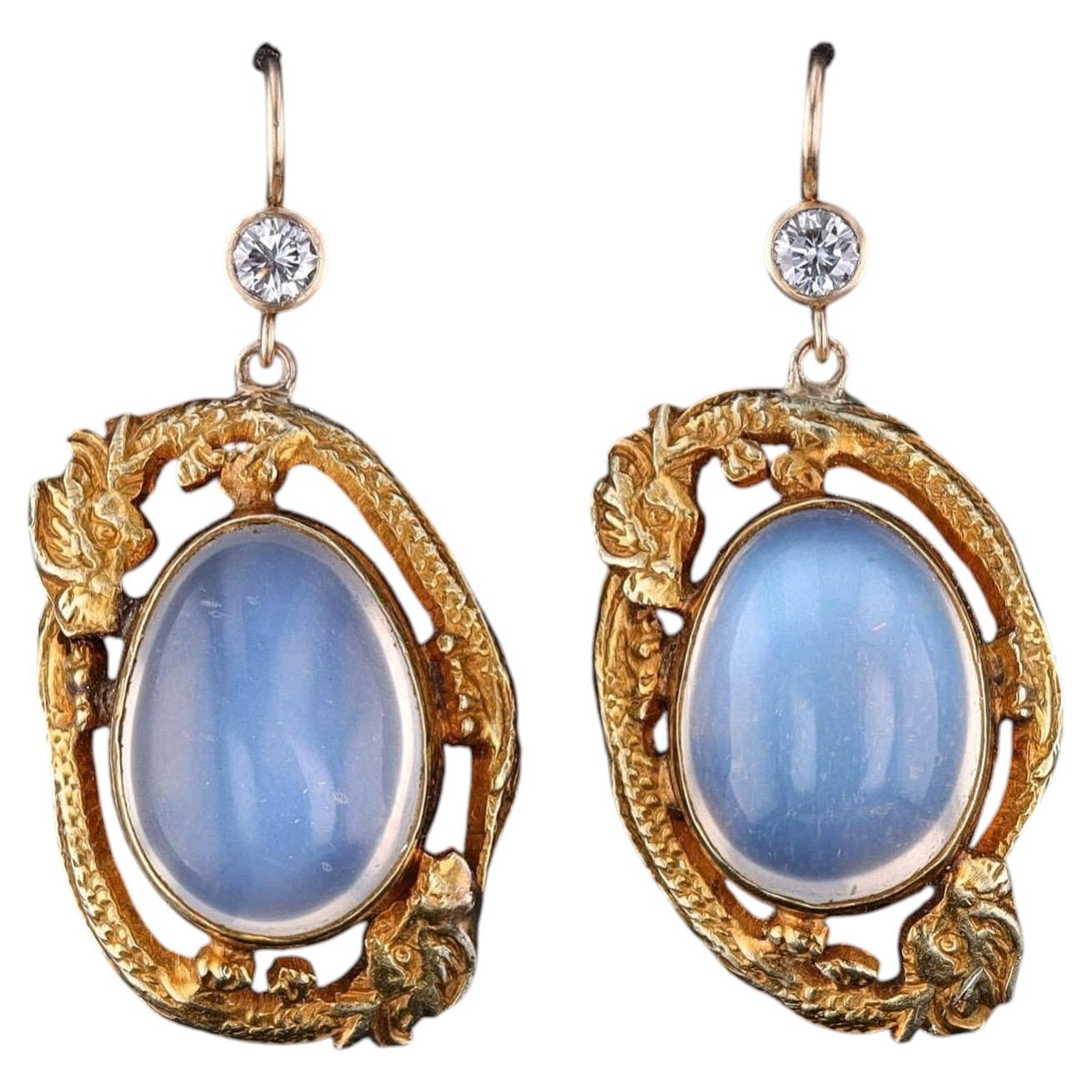Antique Moonstone Dragon Earrings of 14k Gold, Circa 1920