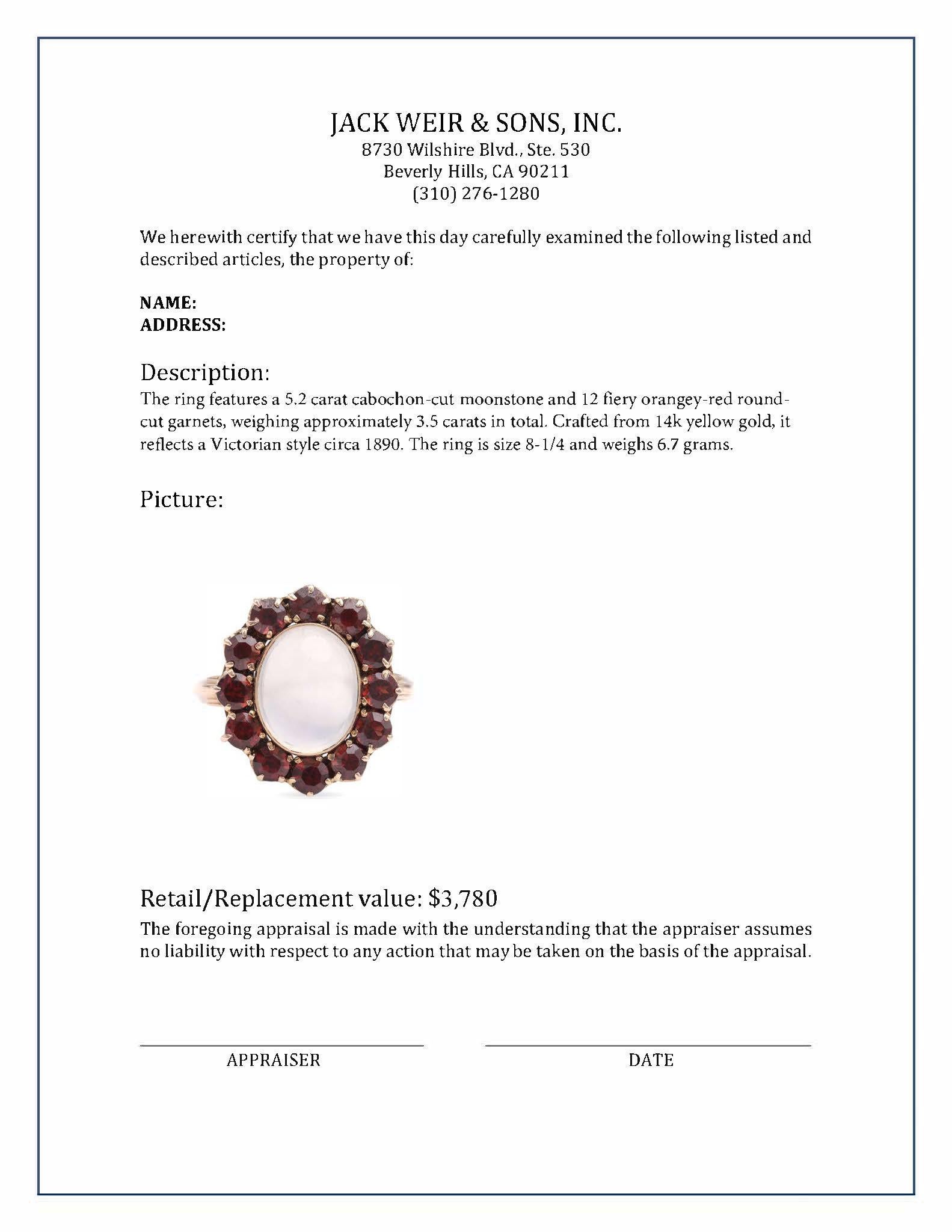Antiker Mondstein Granat Gold Cocktail-Ring im Zustand „Hervorragend“ in Beverly Hills, CA