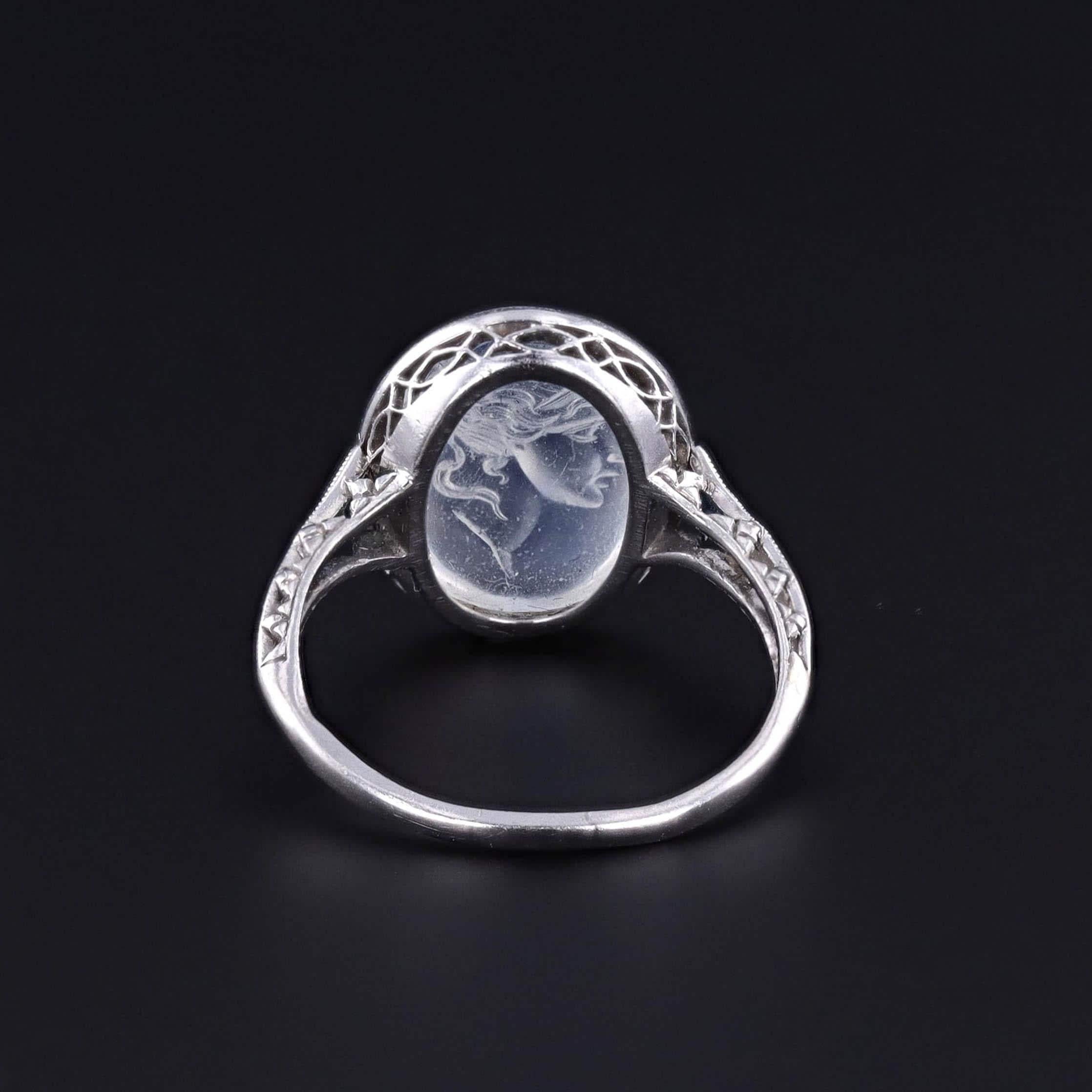 Antique Moonstone Intaglio Ring of Platinum In Good Condition In Lewisburg, PA