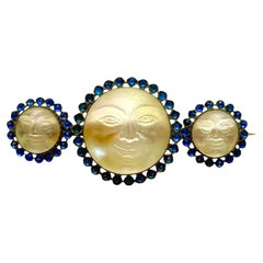 Antique Moonstone Man in the Moon Brooch with Sapphire Glass Halo