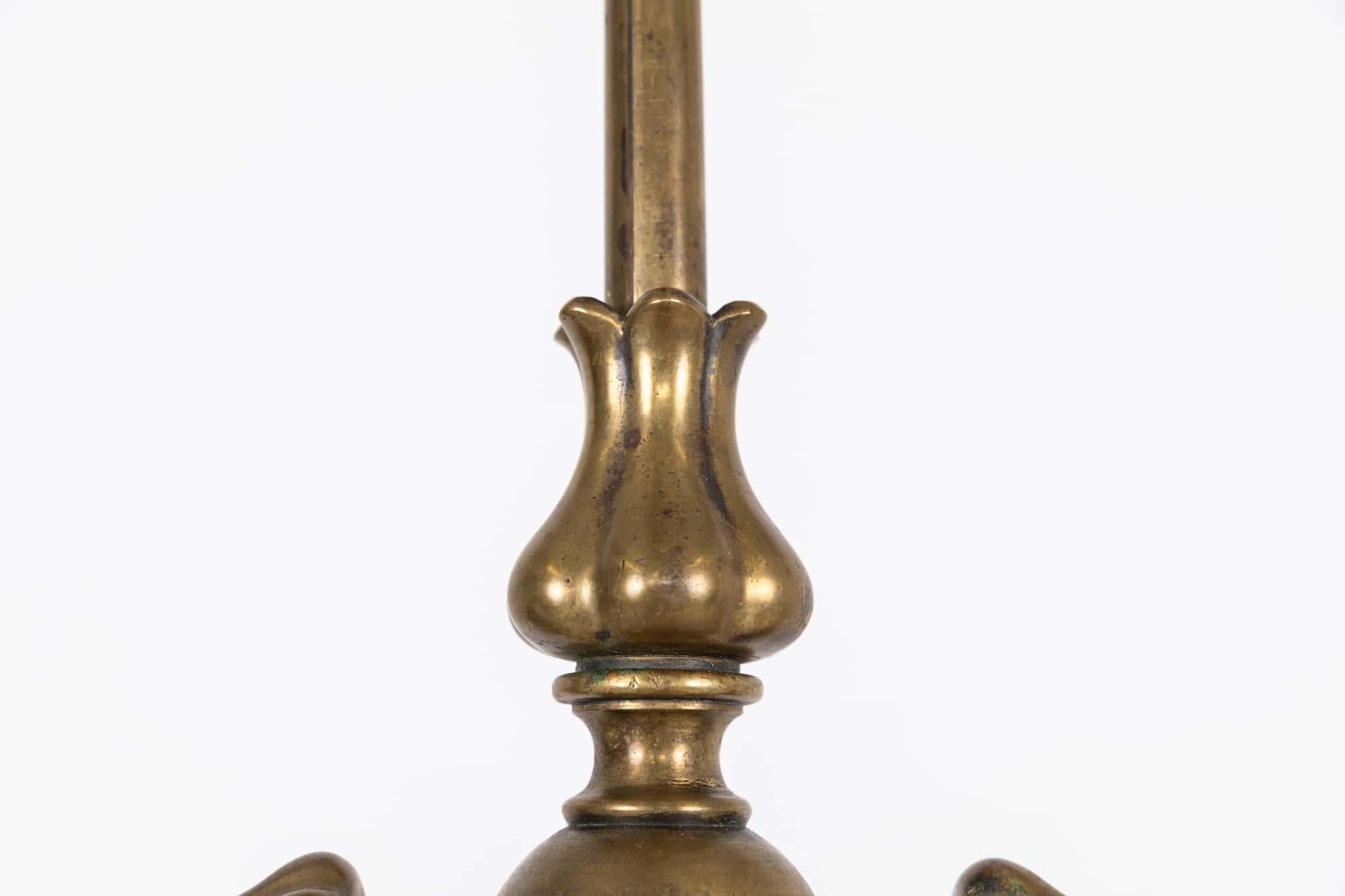 Brass Antique 'Moonstone' Milk Glass Gasolier Ceiling Light Lamp, C.1920